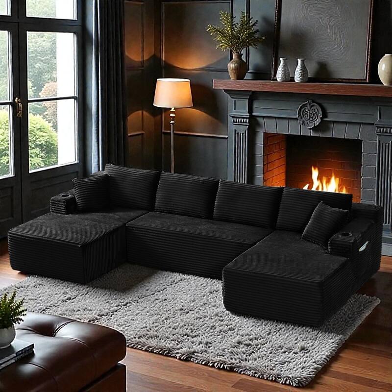Compressible U-Shaped Modular Sectional Sofa, Corduroy Cloud Couch, 6-Seat Minimalist Living Room Sofa