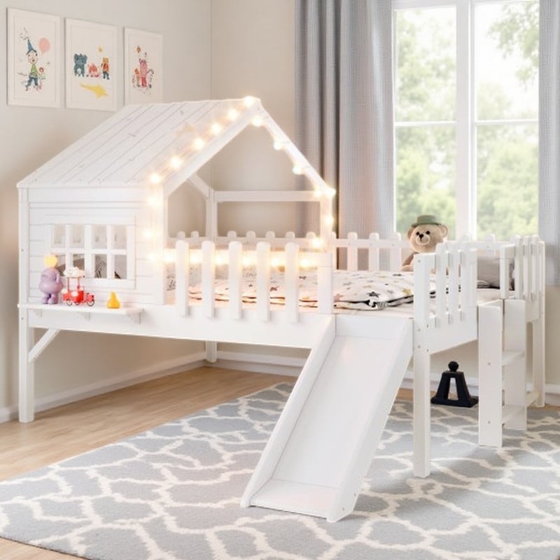 Solid Wood Kids Playhouse Loft Bed with Slide, LED Star & Moon Roof Canopy, Window Design Wooden Bed Frame with Safety Rails