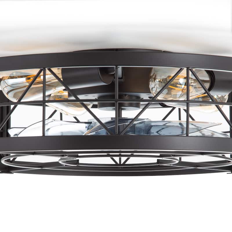 20" 7-Blade Matte Black Flush Mount Caged Ceiling Fan with Light and Remote