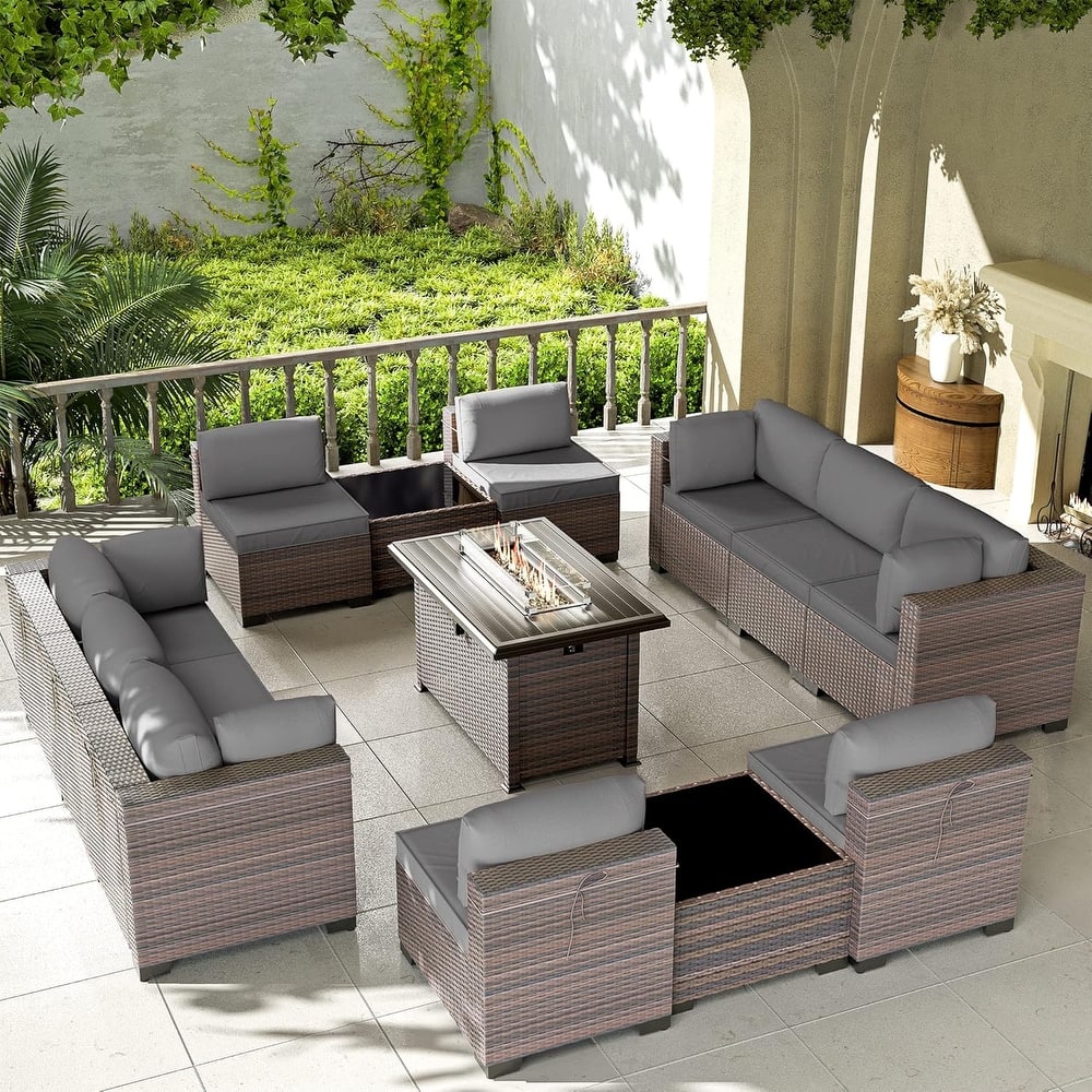 Patio Furniture Sets, Outdoor Wicker Sectional with Firepit Table Side Table for Cabinet Deck Balcony - 13-Pieces