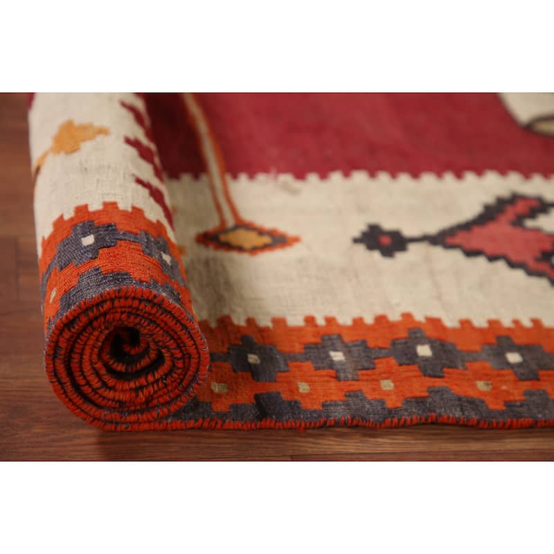 Red Kilim Qashqai Persian Vintage Rug Flatweave Wool Carpet - 5'1" x 9'11"