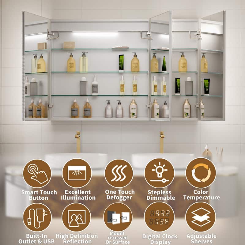 Modland 30"-60"W x 32"H Bathroom LED Medicine Cabinet with Mirror and Shelves, Defog and Stepless Dimming
