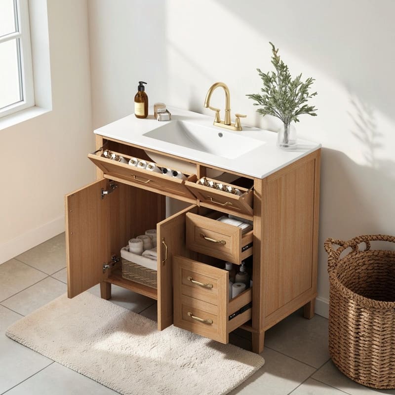 36 Inch Bathroom Vanity with Ceramic Sink, Modern Wood Grain Cabinet with Solid Rubberwood Legs, Soft-Close Doors & 4 Drawers - Wood