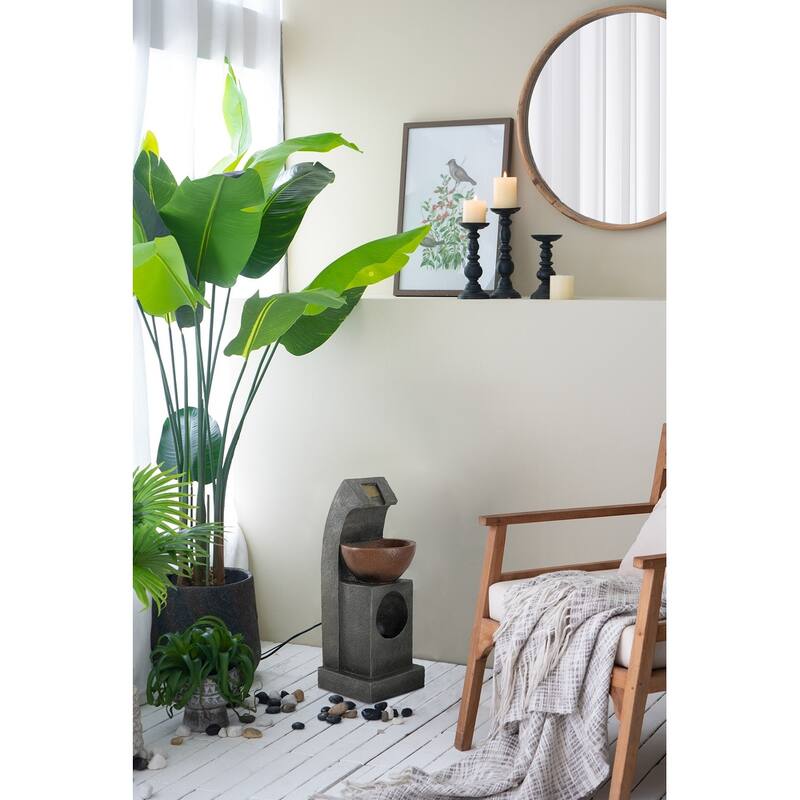 9.4x9.1x23.8" Black and Brown Sculptural Water Fountain with Bowl Basin, with Light and Pump, for Indoor and Outdoor