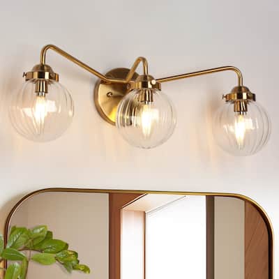 Modern Gold 3-Light Bathroom Vanity Lights Pumpkin Globe Glass Wall Sconces - 22"Lx6.8"Wx7.4"H