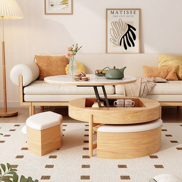 Multi-Functional Round Lift-Top Coffee Table with Nesting Stools - Bed ...