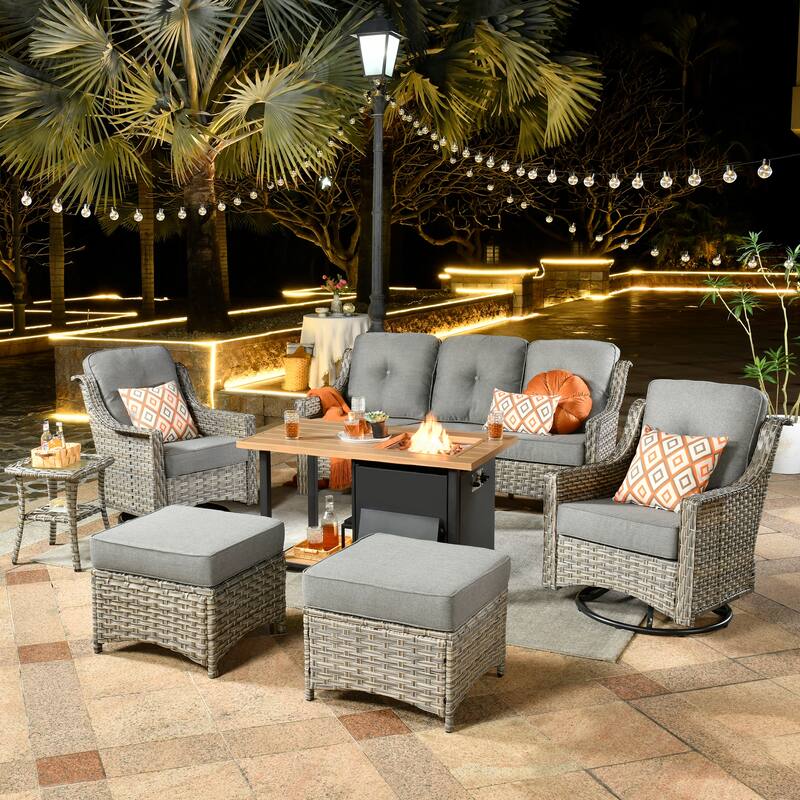 HOOOWOOO 7-piece Wicker High Back Patio Furniture Swivel Rocker Set with Fire Pit - Dark Grey