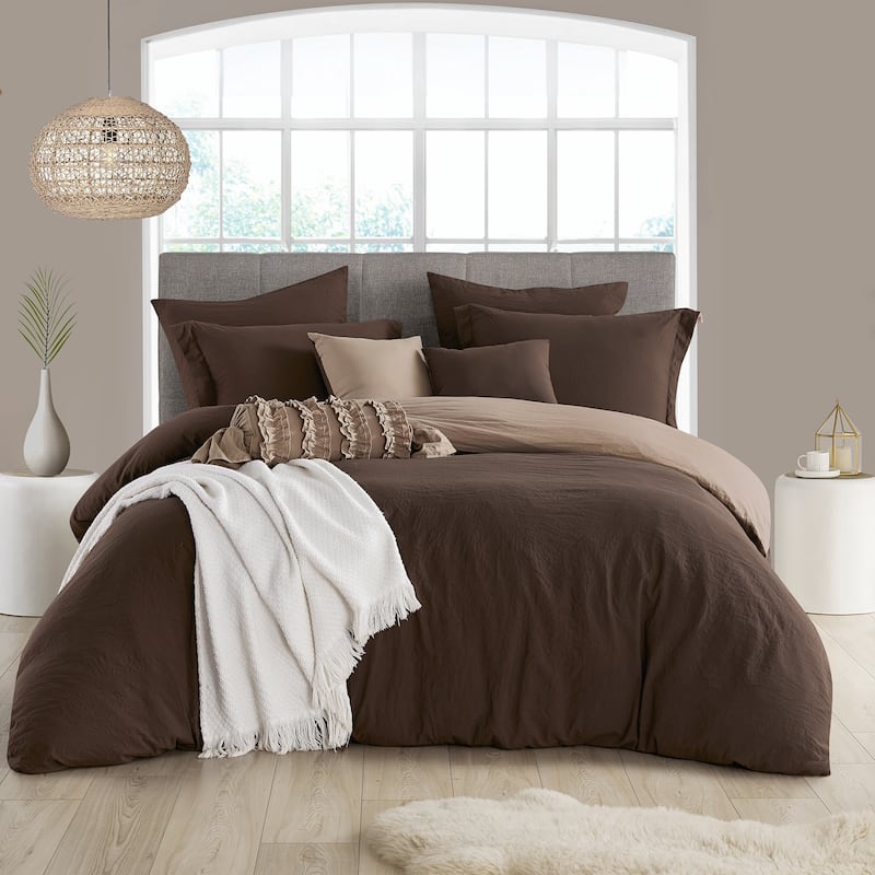 Swift Home Extra Soft Reversible Crinkle Microfiber Duvet Cover Set (Comforter Not Included) - Chocolate - Queen