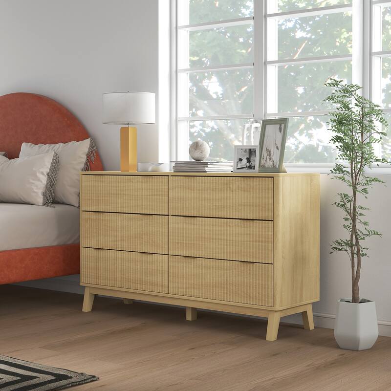 HOMCOM Fluted Dresser for Bedroom with 6 Drawers, 54" Wide Chest of Drawers with Gold Finger Pulls and 5 Wood Legs