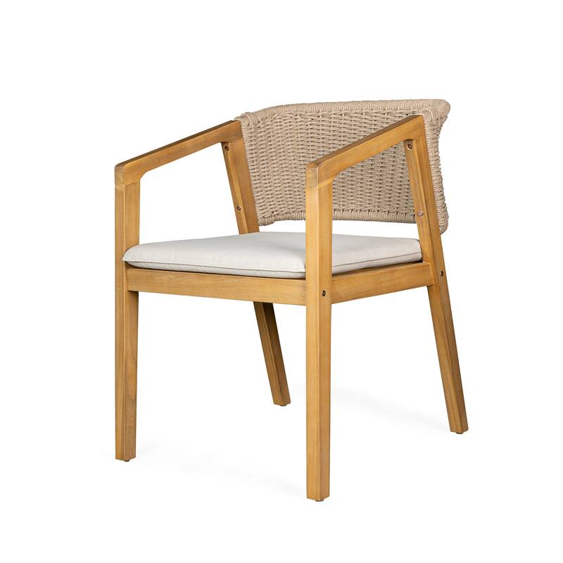 Roomfitters Outdoor Dining Chairs Set of 2, Woven Rope Back with Wood Frame and Cushions, Patio Seating in Natural Beige