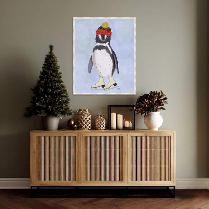 Penguin Ice Skating by Fab Funky (23 x 28 in.), Framed Canvas Wall Art Print - Sylvie Beaded White