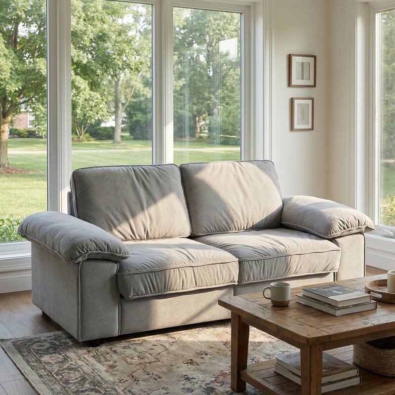 Roomfitters Modern Overstuffed Upholstered Sofa with Hidden Storage and Padded Arms, Comfy Loveseat for Small Space - Gray