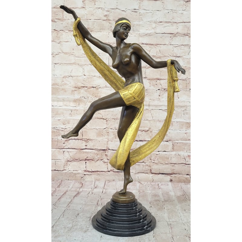 Hot Cast Bronze Art Deco Figural Sculpture Of Topless Ribbon Dancer By Rozet