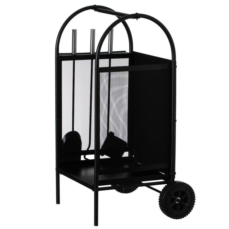 Indoor and Outdoor Patio Iron Firewood Log Cart with Wheels and Fireplace Tool Set, Black