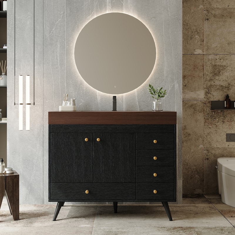 36" Bathroom Vanity with Faux Marble Top & Ceramic Sink, 5-Drawer Storage Cabinet with Stainless Steel Legs - Black+Walnut