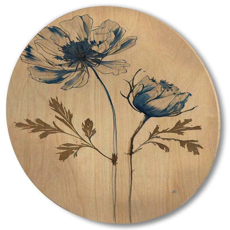Designart "Blue Vintage Flower Blooming V" Floral Wood Wall Art - Natural Pine Wood