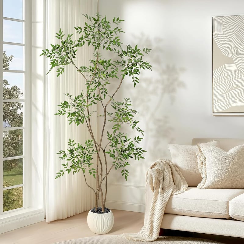 Artificial Plants Indoor, 5FT Tall Faux Floor Plant in Pot, Nandina Artificial Tree with Grey Planter - 6FT