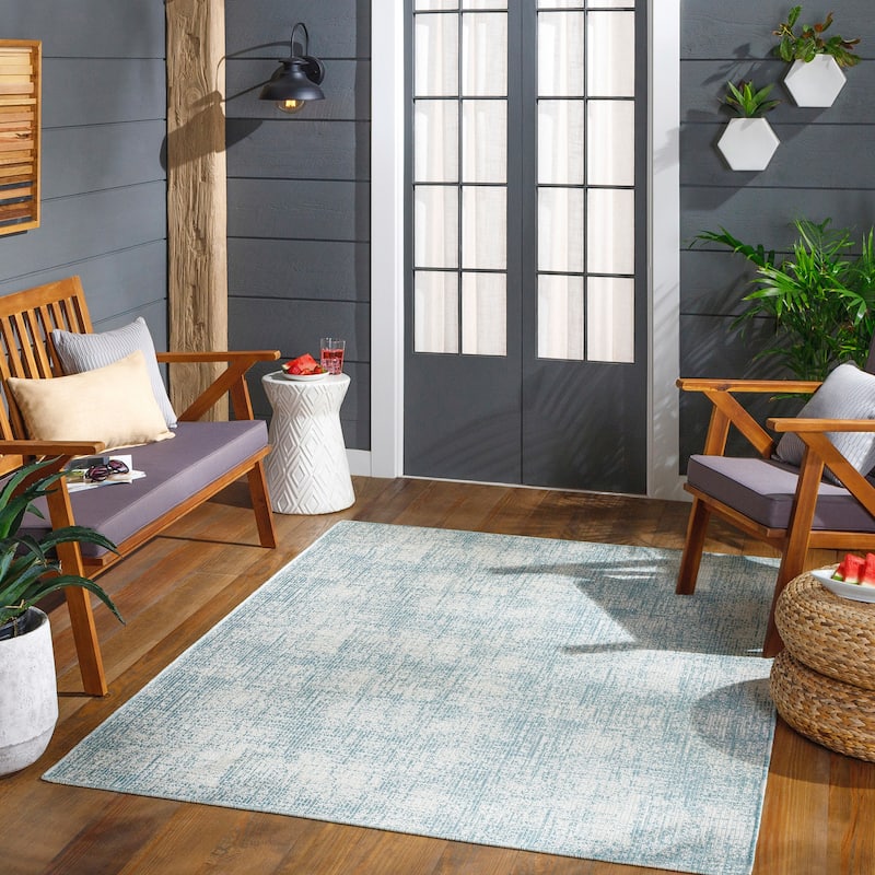 Livabliss Hampton Indoor/ Outdoor Distressed Stripe Area Rug - 7'7" Square - Aqua/Cream