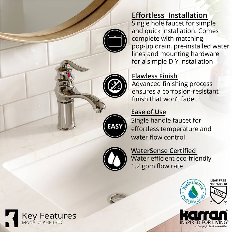 Karran Dartford Single Hole Single Handle Basin Bathroom Faucet with Matching Pop-up Drain