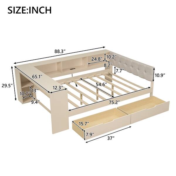 dimension image slide 0 of 2, Full Size Wood Platform Bed with Storage Shelves, Drawers, Charging Station and Upholstered Headboard, Gray