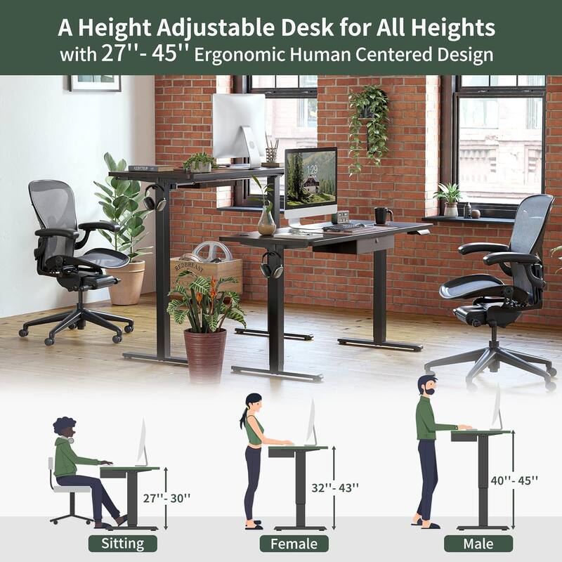 FEZIBO Standing Desk with Drawer, Adjustable Height Electric Stand up Desk with Storage, Sit Stand Home Office Desk