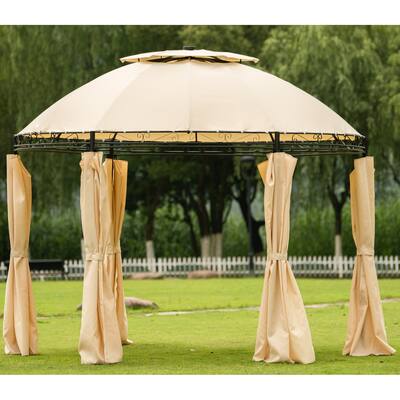 Outdoor Steel Fabric Round Soft Top Gazebo with Removable Curtains