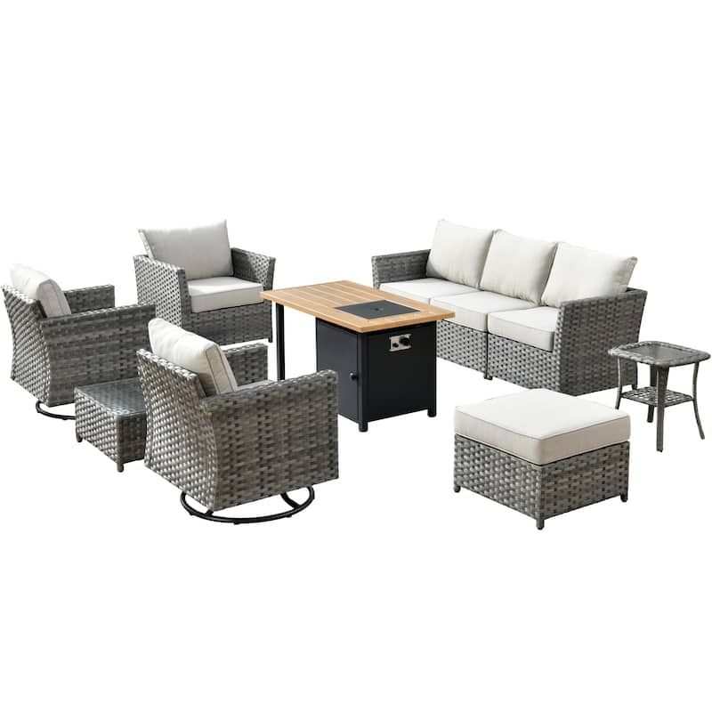 XIZZI 10-piece Outdoor Patio Furniture Rattan Wicker Conversation Sofa Set with Fire Pit