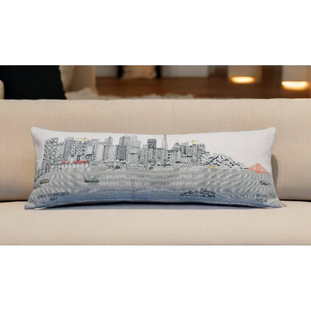 HomeRoots 35" White San Francisco Daylight Skyline Lumbar Decorative Pillow
