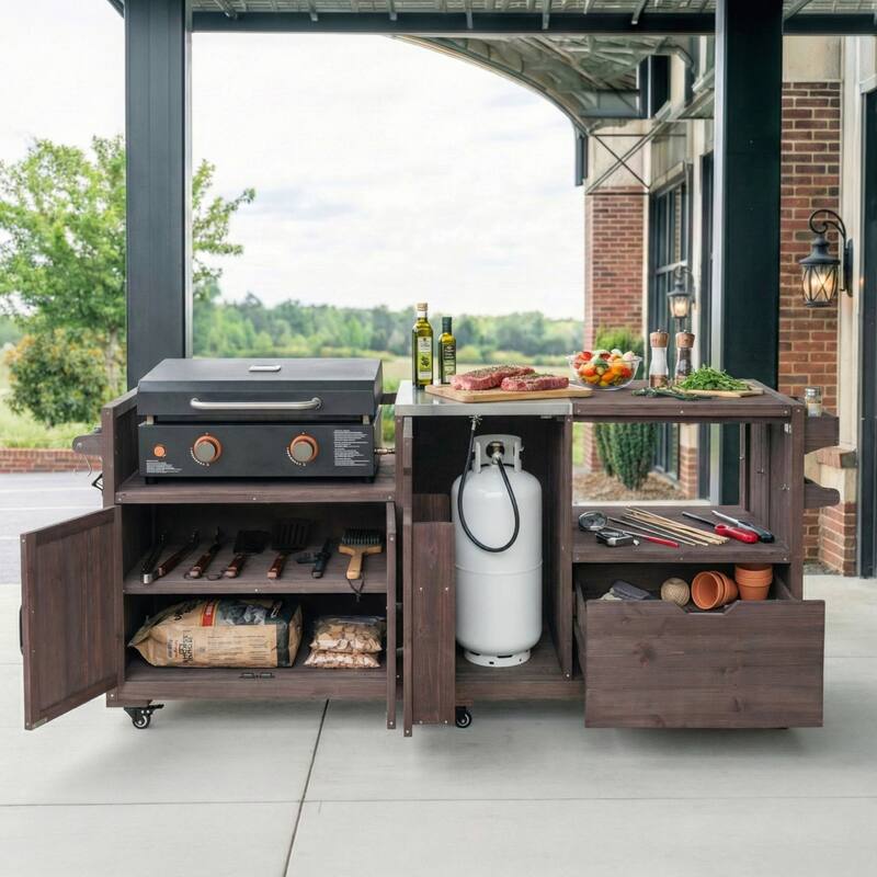 80 Inch Outdoor Kitchen Island with Solid Fir Wood and Stainless Steel Top