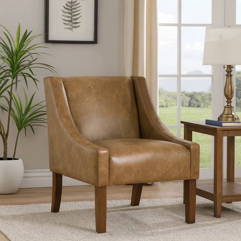 Accent Chair, Distressed Brown Faux Leather with Sloped Arms