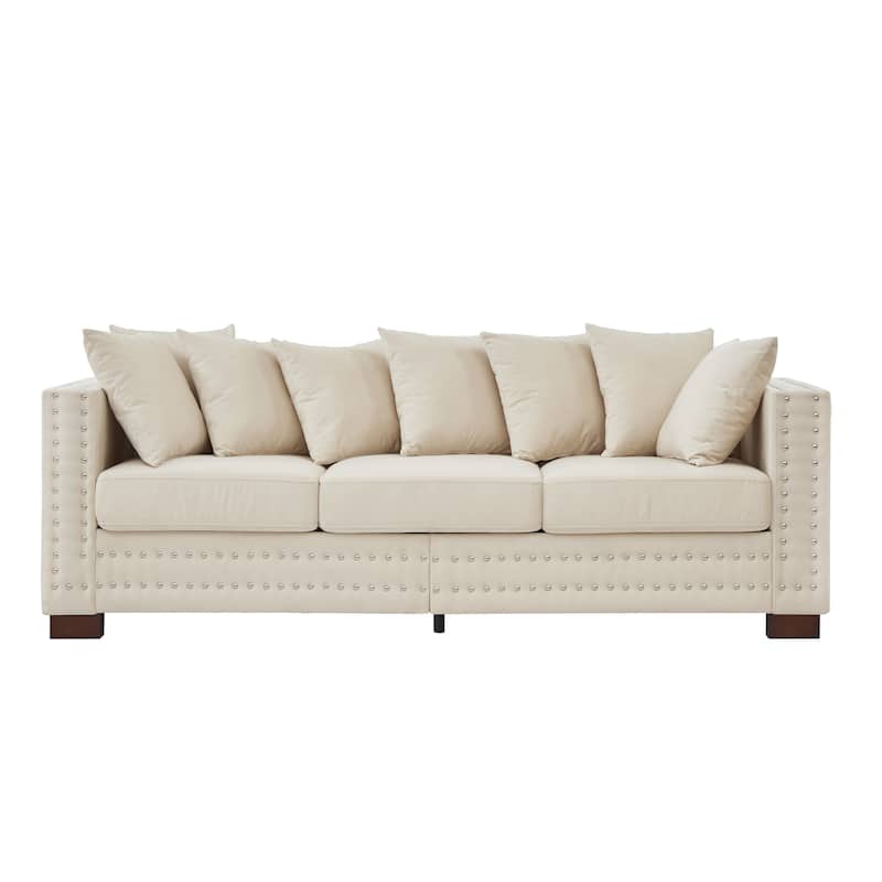 Roomfitters Modern Velvet Sofa with Square Armrests, Upholstered Couch with Silver Nailhead Trim for Living Room