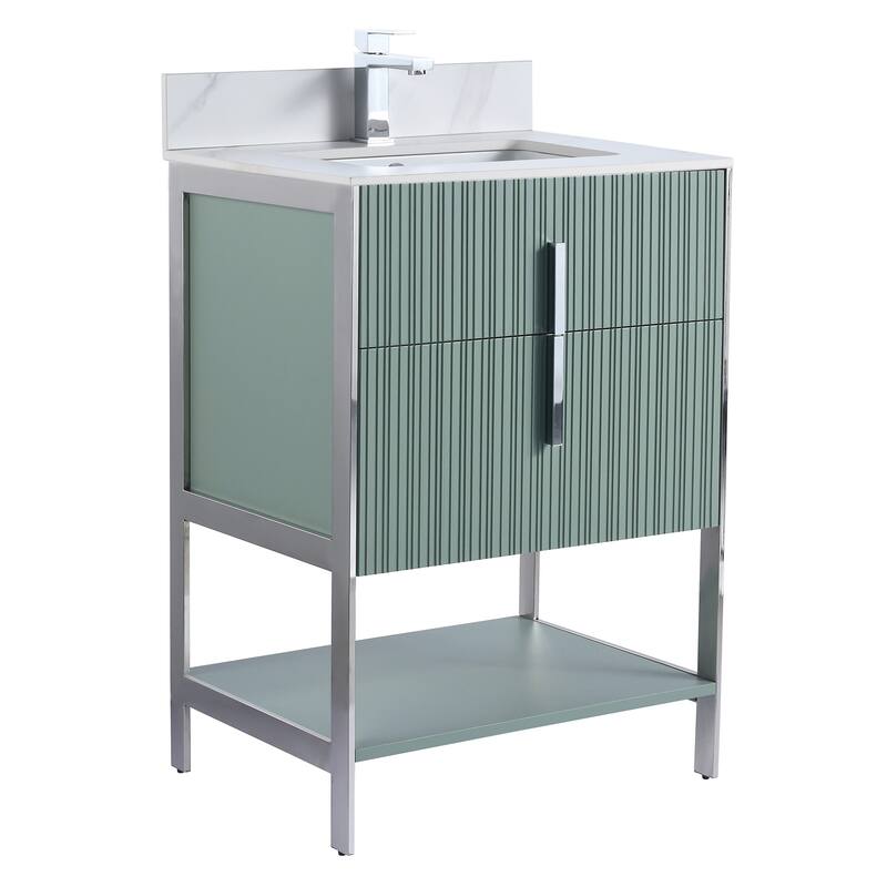 Fine Fixtures Serenity Modern Bathroom Vanity with White Carrara Stone Top - Mint Green - Chrome Hardware - 24 inch
