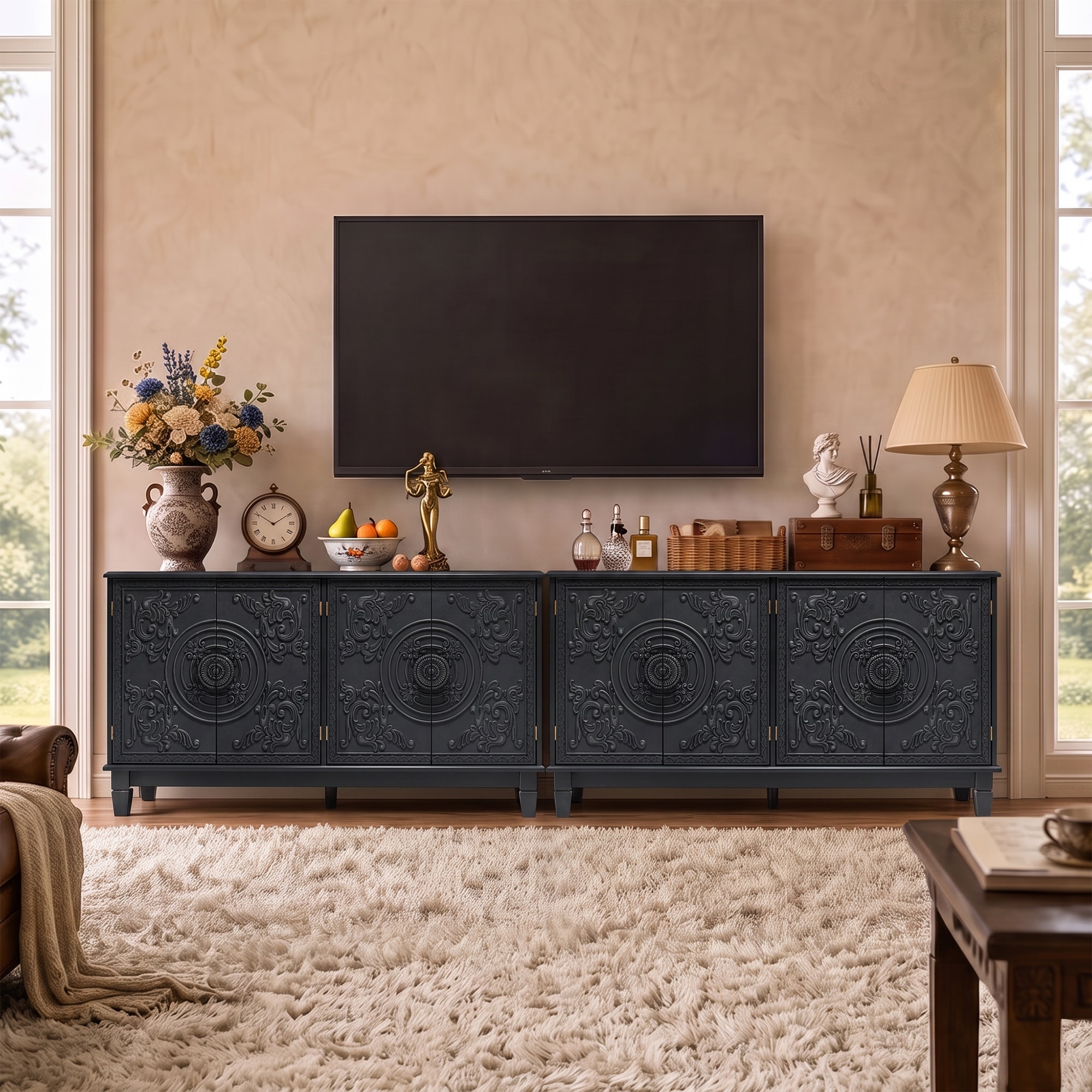 Vintage 4-Door Carved Sideboard Storage Cabinet with Adjustable Shelves, Antique Hardware & Solid Wood Legs