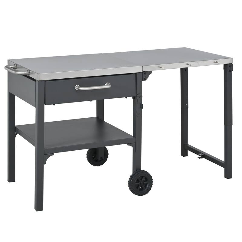 Portable Foldable Outdoor Kitchen Prep Station, BBQ Grill Cart with Expandable Top and Storage for Patio