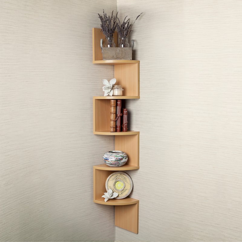 Large Beech Veneer Zig Zag Corner Wall Shelf