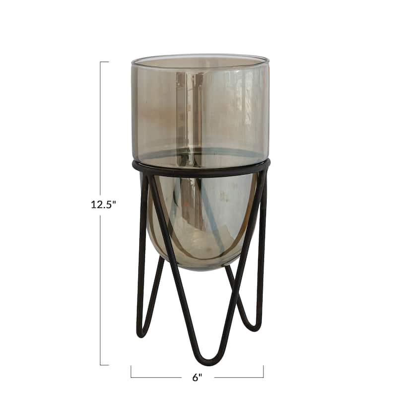 Glass Pillar Candle Holder with Metal Stand - 6.0"L x 6.0"W x 12.5"H