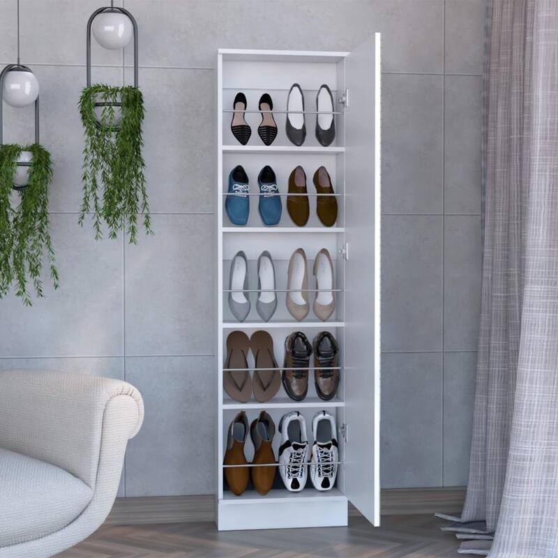 Shoe Rack, Five Interior Shelves, Mirror, Single Door Cabinet