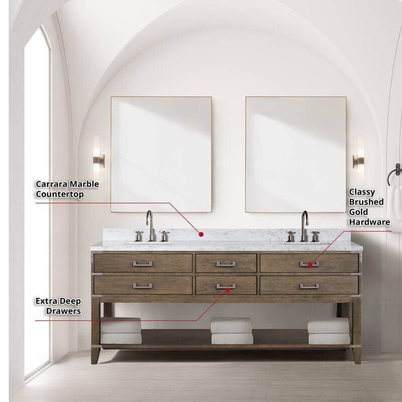 Lexora Norwalk Bath Vanity, Carrara Marble Top, Faucet Set, and Mirror