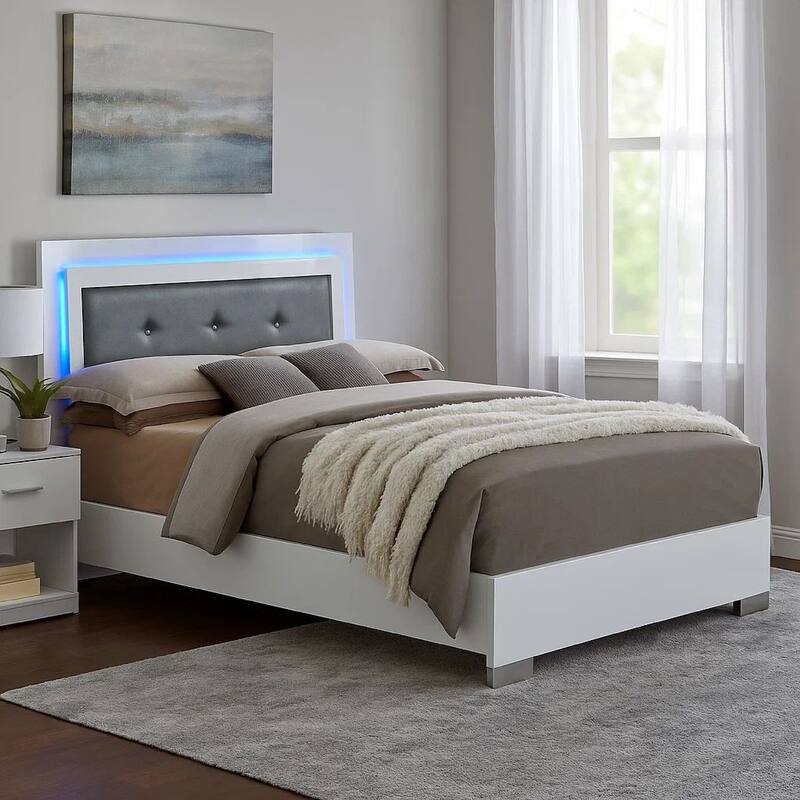 Wooden Eastern King Bed with Leatherette Headboard and LED trim, White