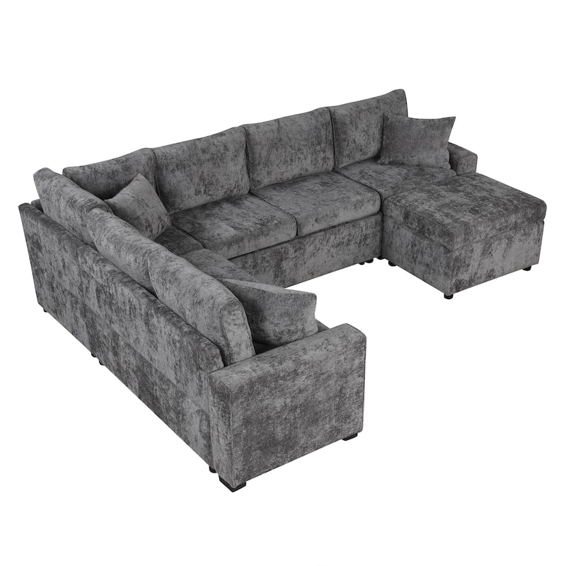 112.2" Sectional Sofa Pull-out Sofa Bed Sleeper with a Storage Ottoman,Three Pillows and Charging Devices for Living Room, Cream