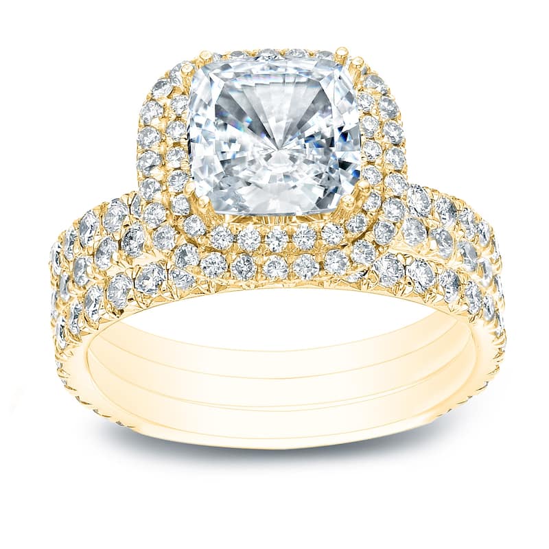 Auriya 2 1/2ctw Cushion-cut Halo Diamond Engagement Ring 3pc Set 14k Gold - Yellow - 4.5