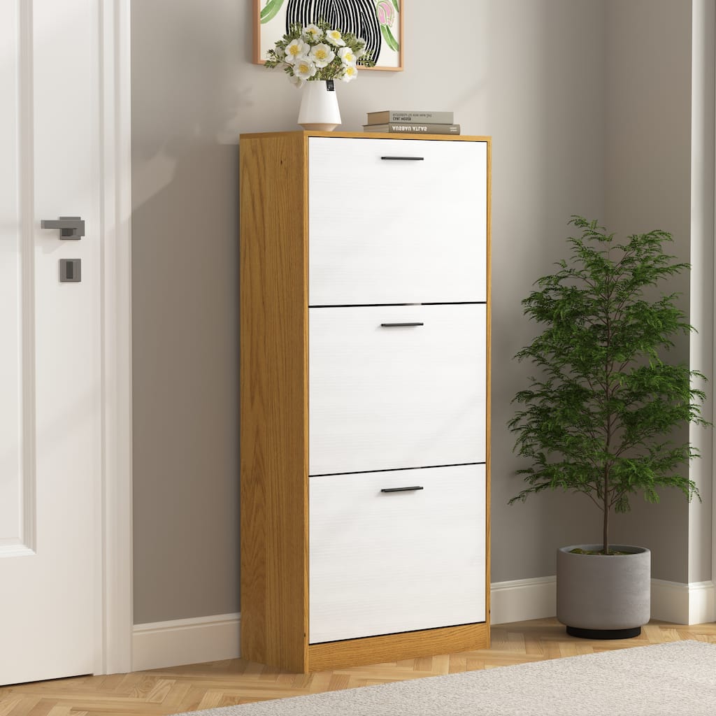 Shoe Storage Cabinet with 3 White Panel Flip Drawers, Freestanding Organizer for Entryway