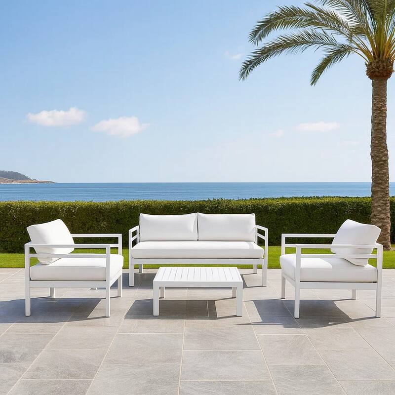 Billy 4 Piece Outdoor Sofa Set, Classic White Aluminum, Fabric Cushions