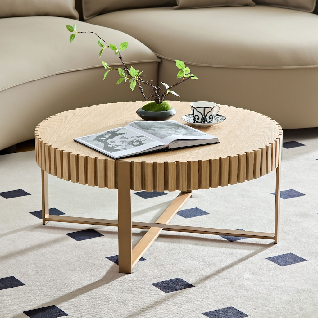 Modern Handmade Drum Shaped Coffee Table Round Living Room Coffee Table with Base, for Living Room and Bedroom
