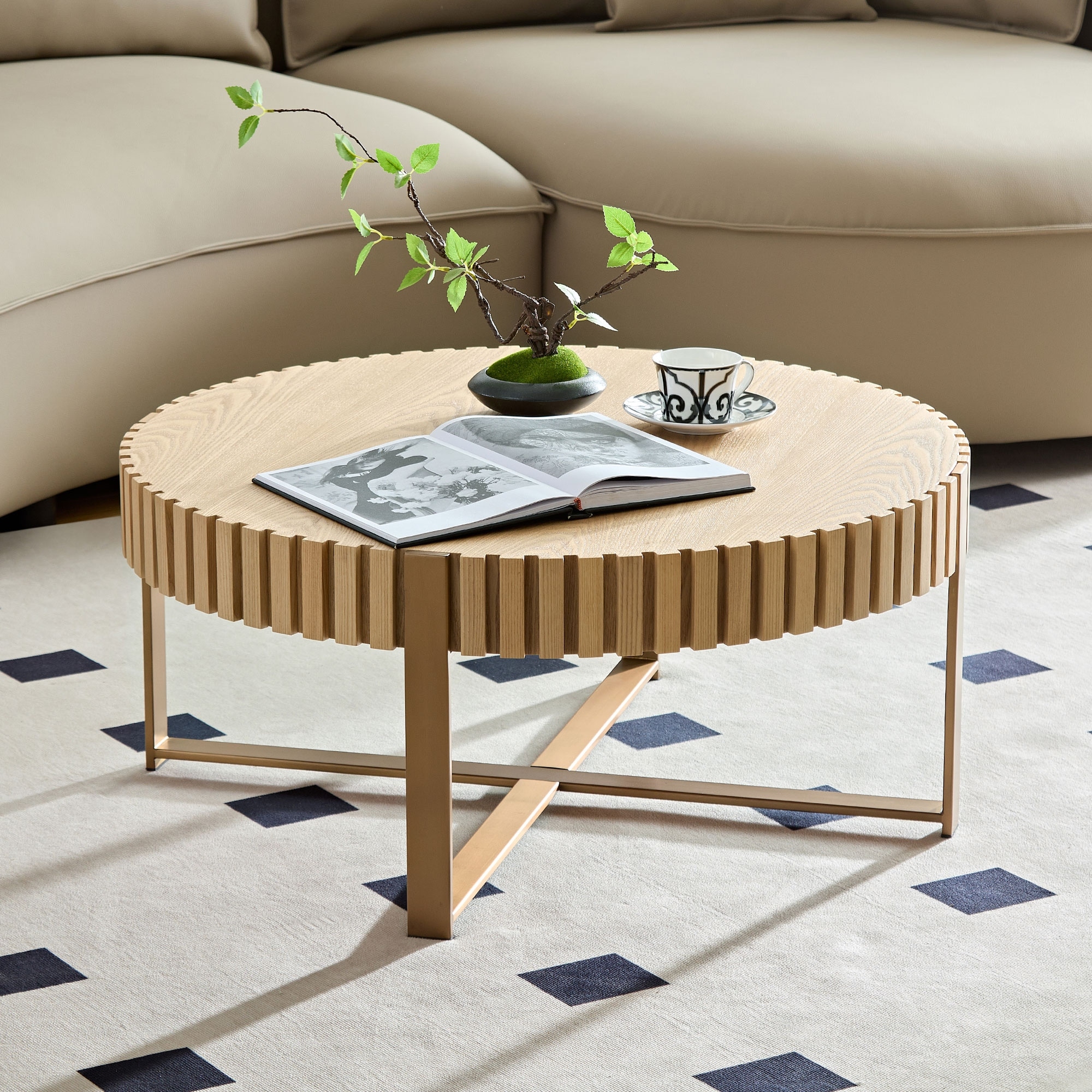 Roomfitters 31.5 Inch Round Coffee Table, Modern Ribbed Fluted Wooden Cocktail Table with Gold Cross Metal Base, Natural Ash