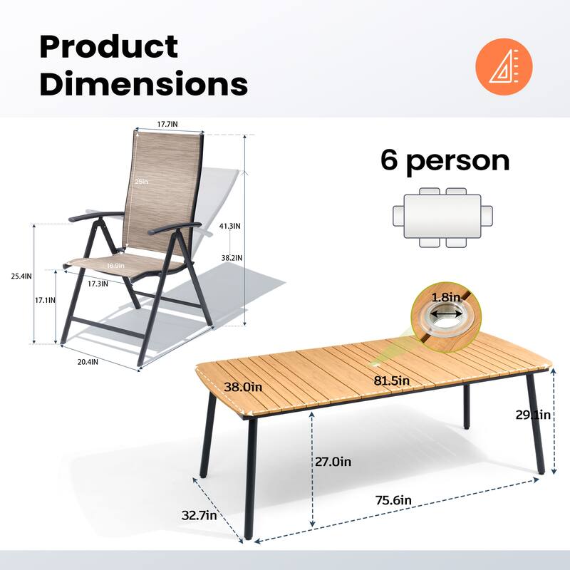 Outdoor Patio Dining Table Rectangular Aluminum with Durable Adjustable Reclining Folding Chair