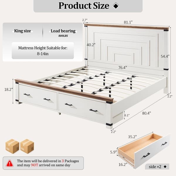 dimension image slide 1 of 13, Farmhouse Wood Bed Frame with 54" Tall Headboard, 2 Large Drawers