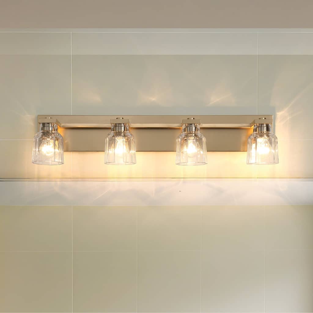 Thesis Dryden 32-inch 4-light Champagne Gold Vanity Light with Clear Ribbed Glass Shades