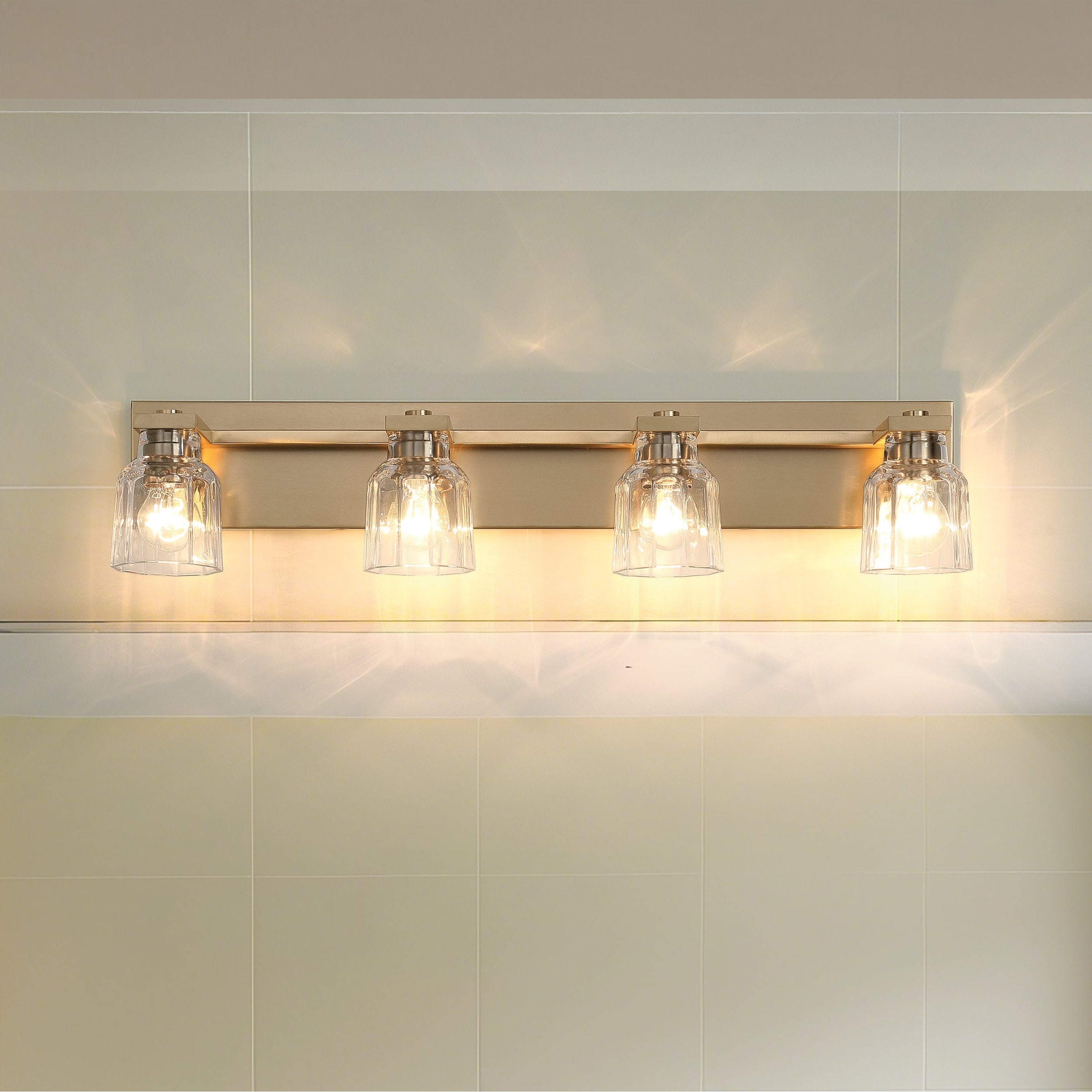Thesis Dryden 32-inch 4-light Champagne Gold Vanity Light with Clear Ribbed Glass Shades