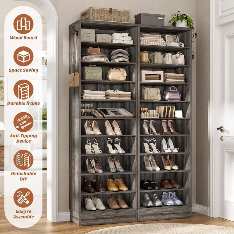 Freestanding 10-Tier Shoe Storage Cabinet,Narrow Wood Shoe Rack Shoe Organizer,Sturdy Closet Organizer Open Display Cabinet